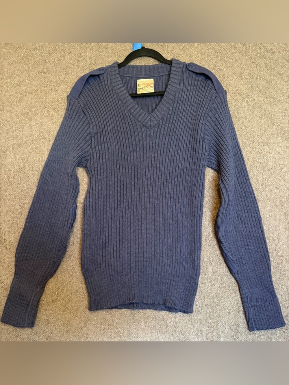 Brigade Quartermasters Ltd VNTG Rib-Knit V-Neck Sweater Blue Wool Men's 46